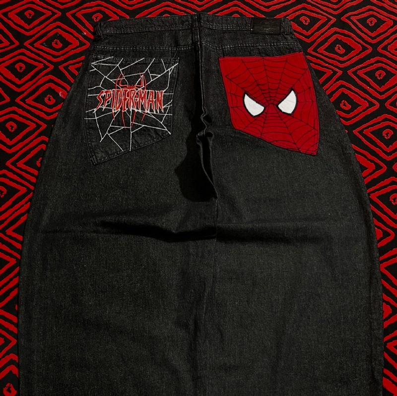 European and American Cross-Border Anime Embroidery Aliexpress Wholesale Foreign Trade Jeans Men's Baggy Straight-Leg Jeans Long Pants Men