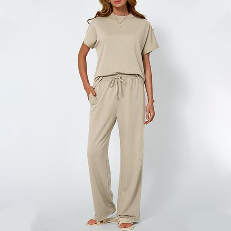 Fashion Casual European and American Grey Round Neck Short-sleeved T-shirt Lace-up Wide Leg Trousers Loose Comfortable Running Sports suit