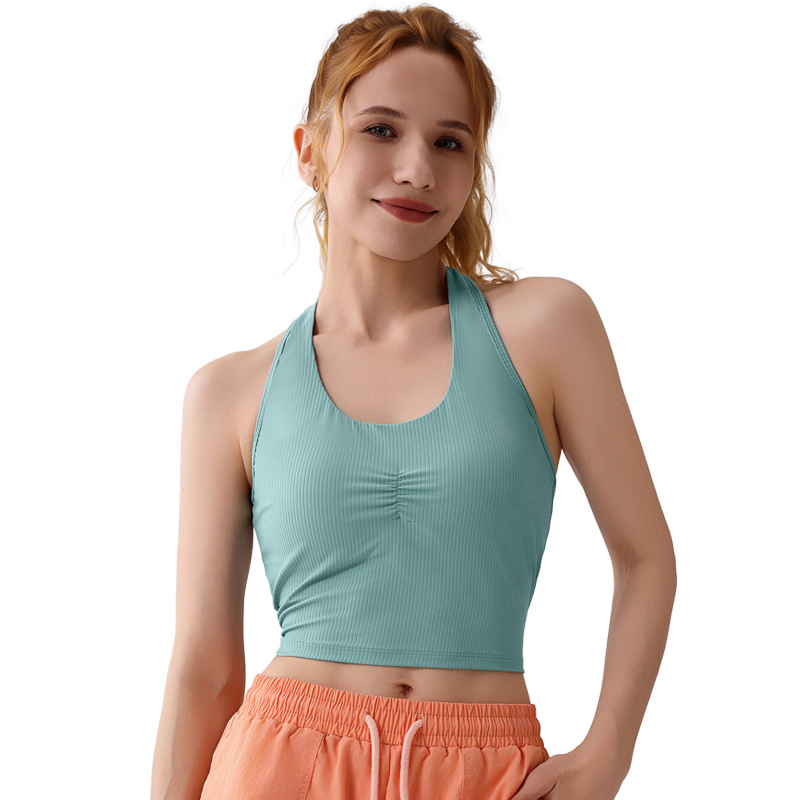 Yoga europeo y americano, cuello halter, roscado, pliegues, sujetador, chaleco deportivo al aire libre para mujer, fitness, hermosa espalda, mujer deportiva