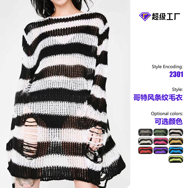 New Striped Ripped Dark Punk Style Loose Mid-Length European and American Export Amazon Knitwear for Women