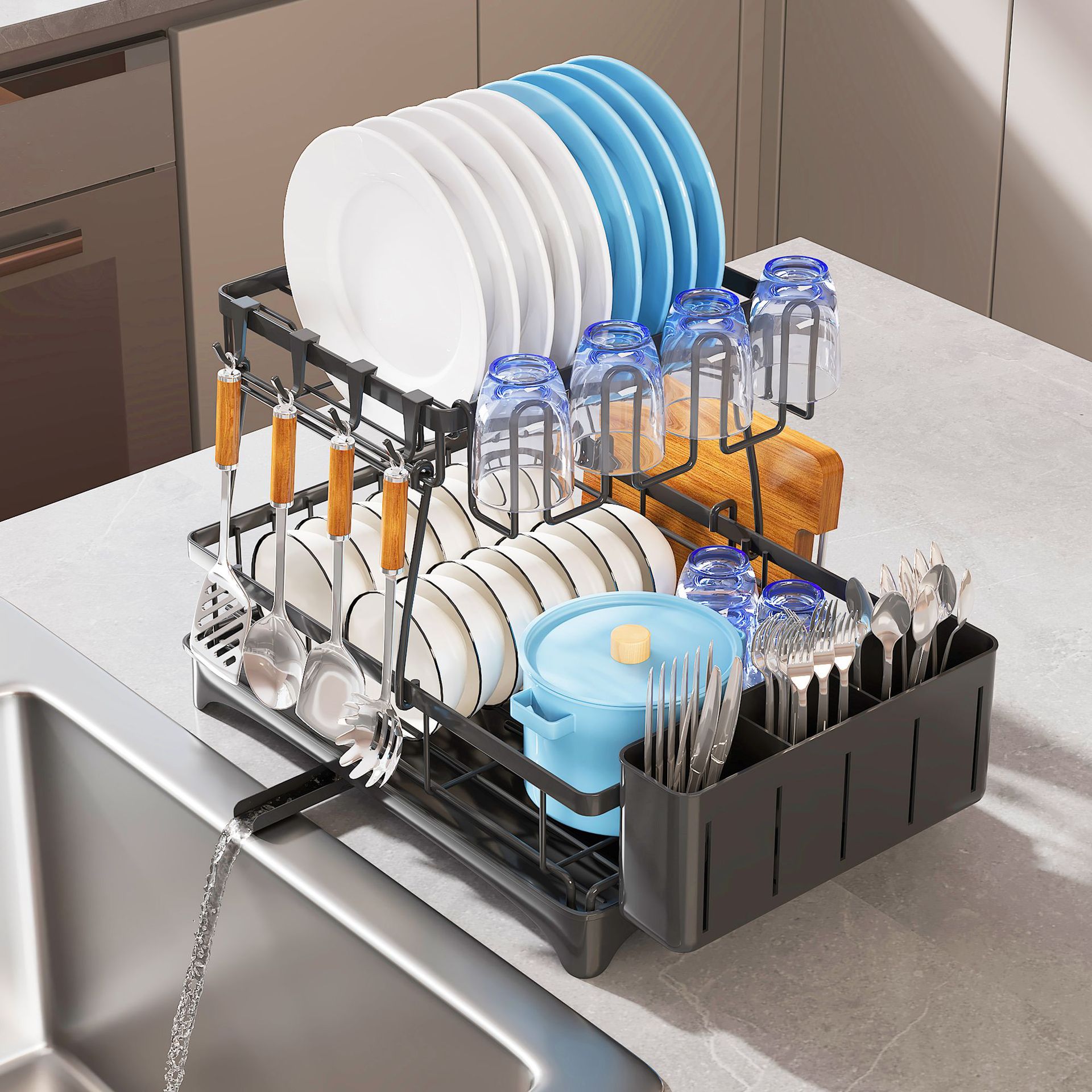 Plato de drenaje estante hogar fregadero extraíble tazón lateral palillos cuchillo tenedor Tazón plato vajilla mesa de almacenamiento estante de almacenamiento rack de almacenamiento