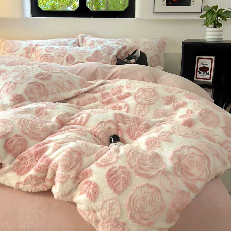 Class a Rabbit Plush Milk Velvet French Relief Four-Piece Coral Velvet 3-Piece Winter Fleece-Lined Bedding Single Piece Wholesale