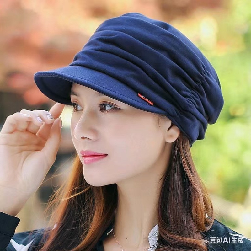 春秋冬天加绒加厚保暖帽子女软沿鸭舌帽褶皱平顶帽布帽双层遮阳帽|undefined