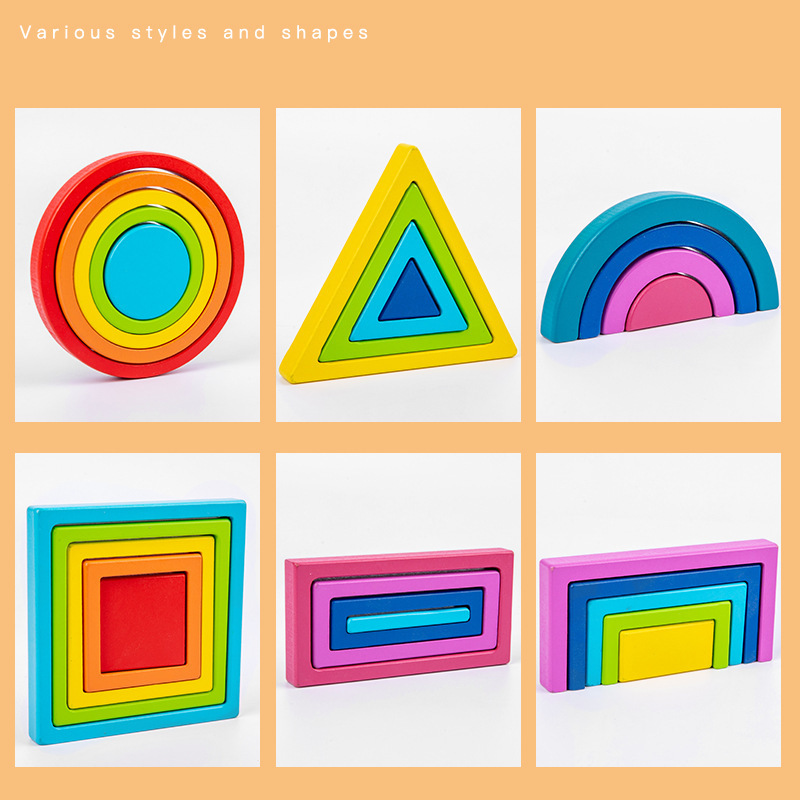 Rompecabezas de geometría de madera para niños, rompecabezas de educación temprana, juguetes para niños, bloques de construcción, arcoíris, bloques de construcción grandes, torres de pila de variedad