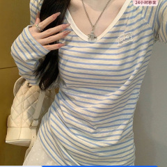 慵懒感miu系蓝色V领条纹防晒长袖T恤女秋季新款宽松薄款罩衫上衣