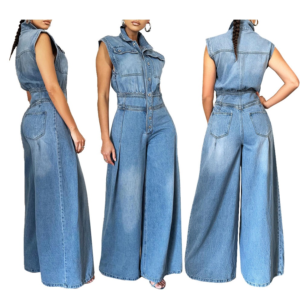 European and American Cross-Border Foreign Trade Women's Clothing New Style Casual Washed Denim Loose Slimming Sleeveless Denim Jumpsuit Wide-Leg Pants for Women