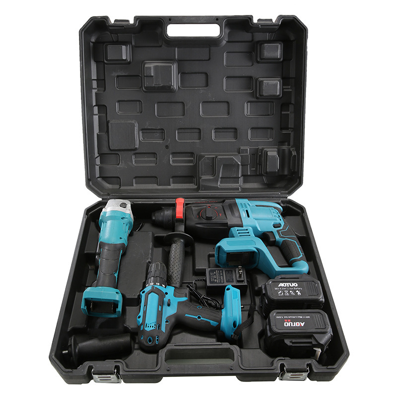 Herramientas eléctricas de litio sin escobillas, molino de perforación de ángulo de litio, llave de perforación eléctrica de cuatro piezas, conjunto de 2 baterías de uso general
