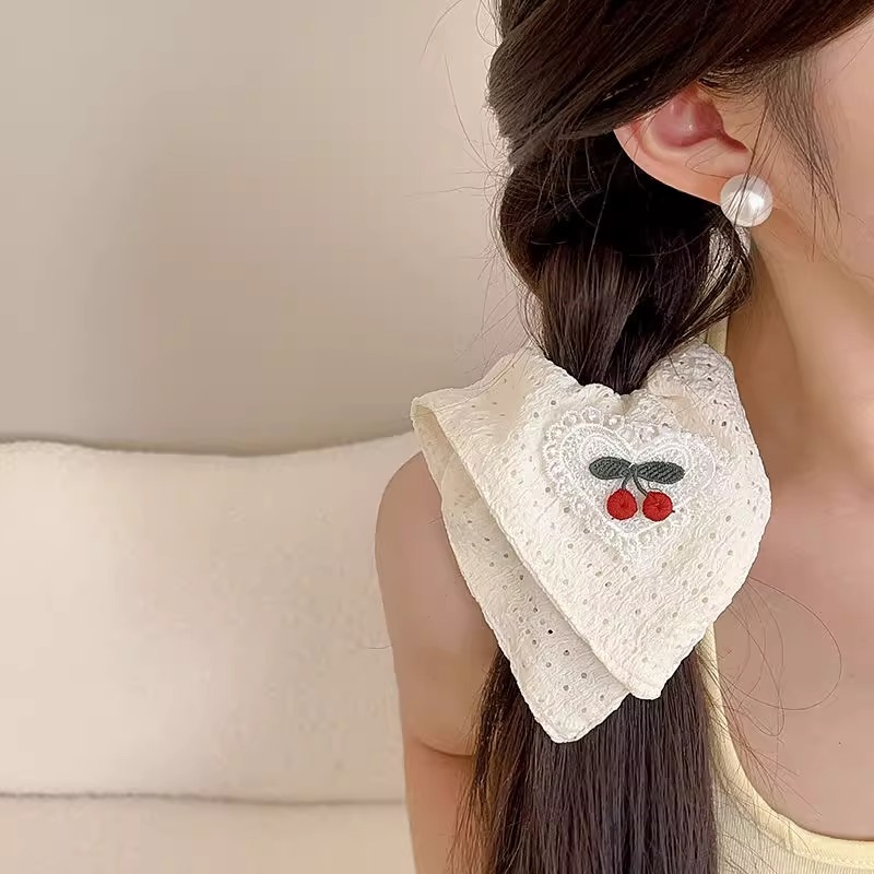 Hecha a mano encaje amor cereza blanco hueco toalla cuadrada intestino grueso anillo de cabello dulce chica corazón de cola de caballo correa cuerda de cabeza