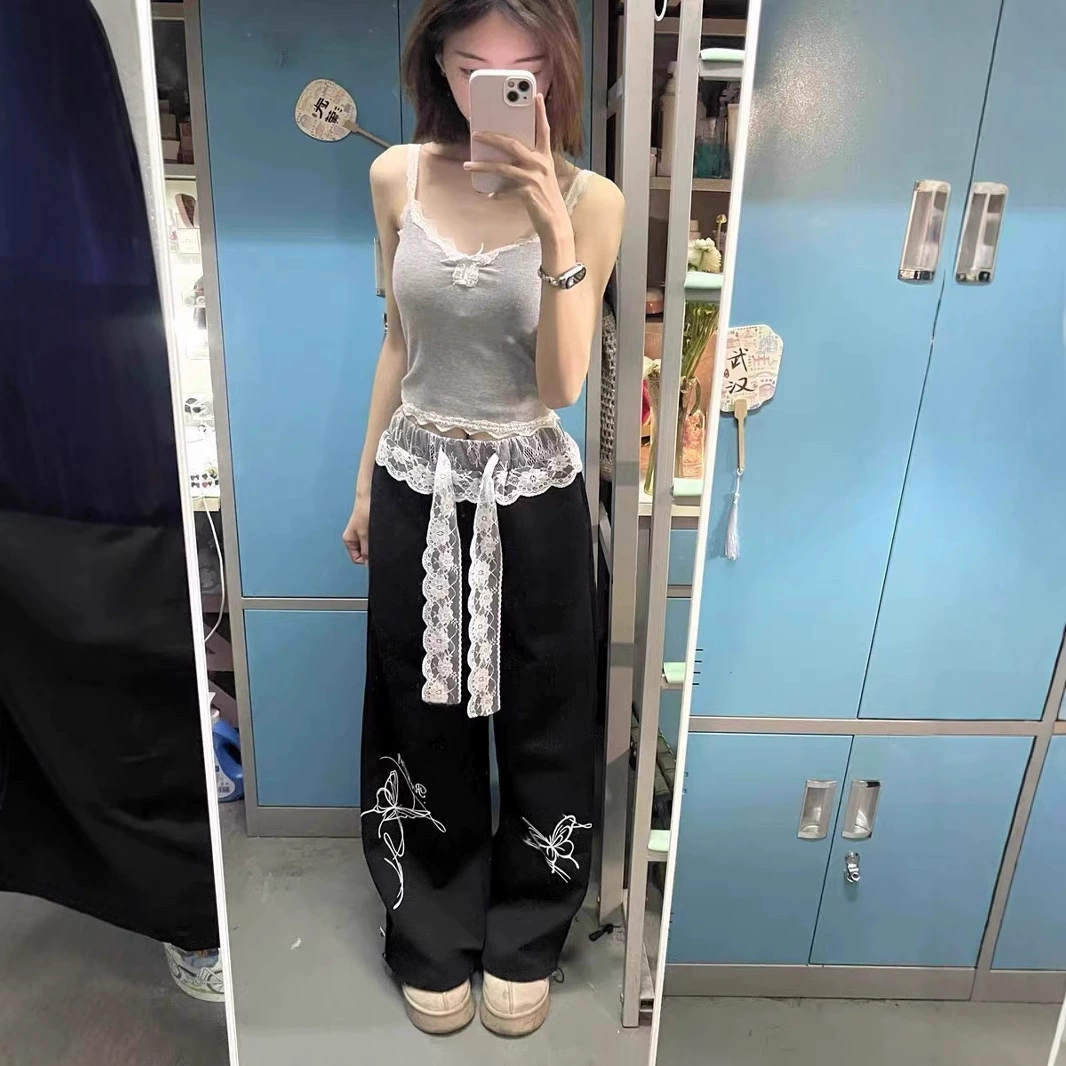 Американские ретро-кружевные повседневные брюки для женщин, новый стиль 2025 года, с хлопковым композитным поясом и шнурком, полностью кружевные, высокое качество.