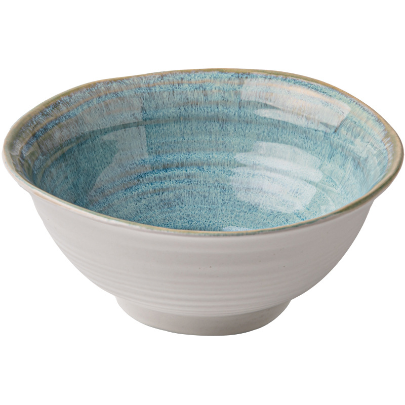 Yu Day Green de alto valor irregular horno de tazón de fideos de cerámica de tazón Douga característica de tazón de fideos de ramen retro exportación transfronteriza