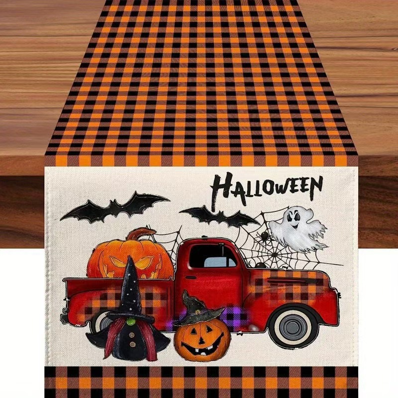 Transfronterizo 2024 Amazon nuevo Halloween calabaza fantasma gato negro lino tabla bandera de mesa mesa de comedor bandera de té