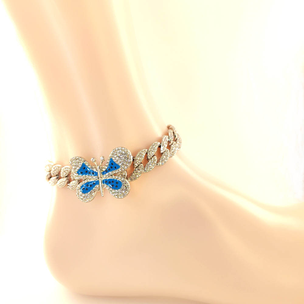 Hip hop alloy bow jewelry Instagram popular full diamond DIY foot ornament butterfly ankle chain Cuban necklace_voghion.com