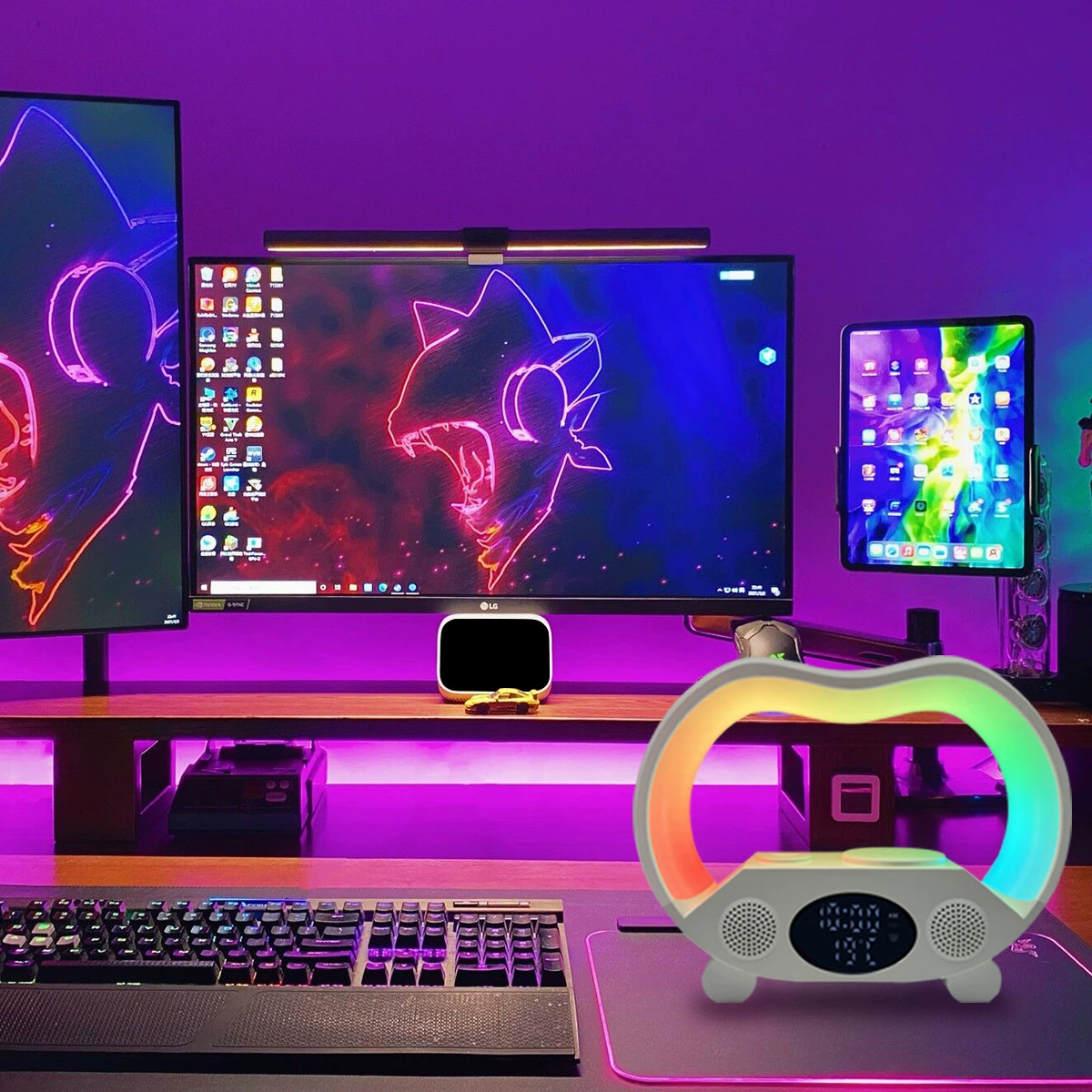 Умный светильник для гостиной с эффектом рассвета, беспроводной быстрой зарядкой 15 Вт, Bluetooth-колонкой, FM-радио, будильником, большим G-образным динамиком и регулировкой яркости