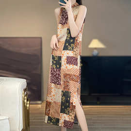 新中式国风印花连衣裙女高腰垂感开叉旗袍裙气质显瘦直筒长裙夏季