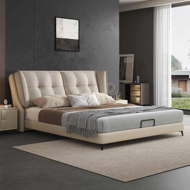 Leather Art Bed Modern Simple Italian Style Minimalist Double Master Bedroom Queen Bed Light Luxury Room Atmospheric Soft Bag Storage Wedding Bed