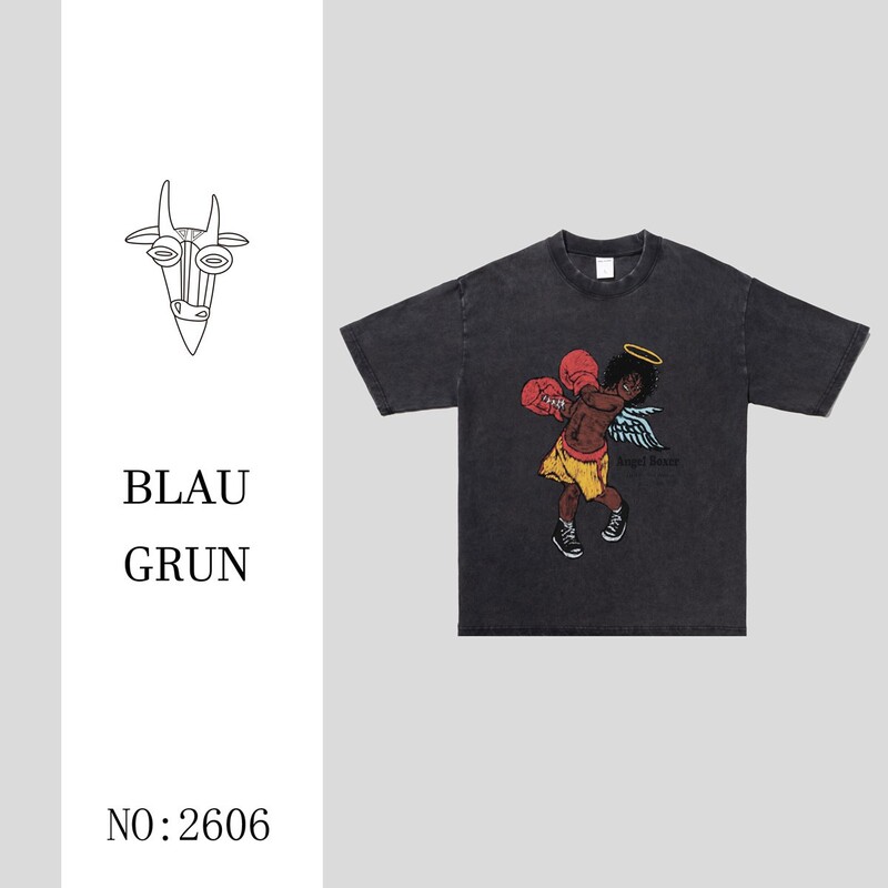 2026 Blau Grun Salt-Washed Vintage Boxing-Themed Print Loose Heavyweight Trendy Brand Short T-Shirt