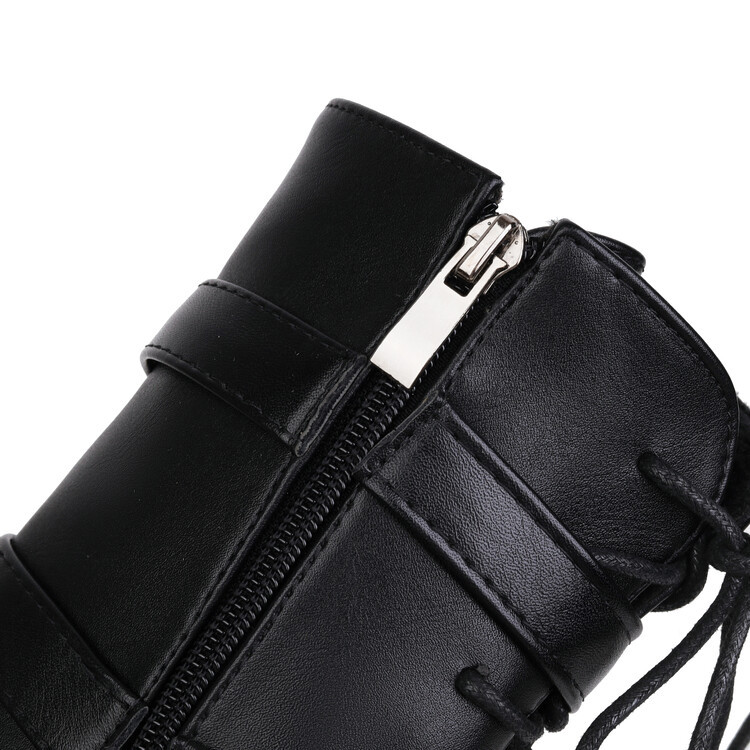 New round head front strap with double belt buckle side zipper waterproof platform chunky high heel ankle boots_voghion.com