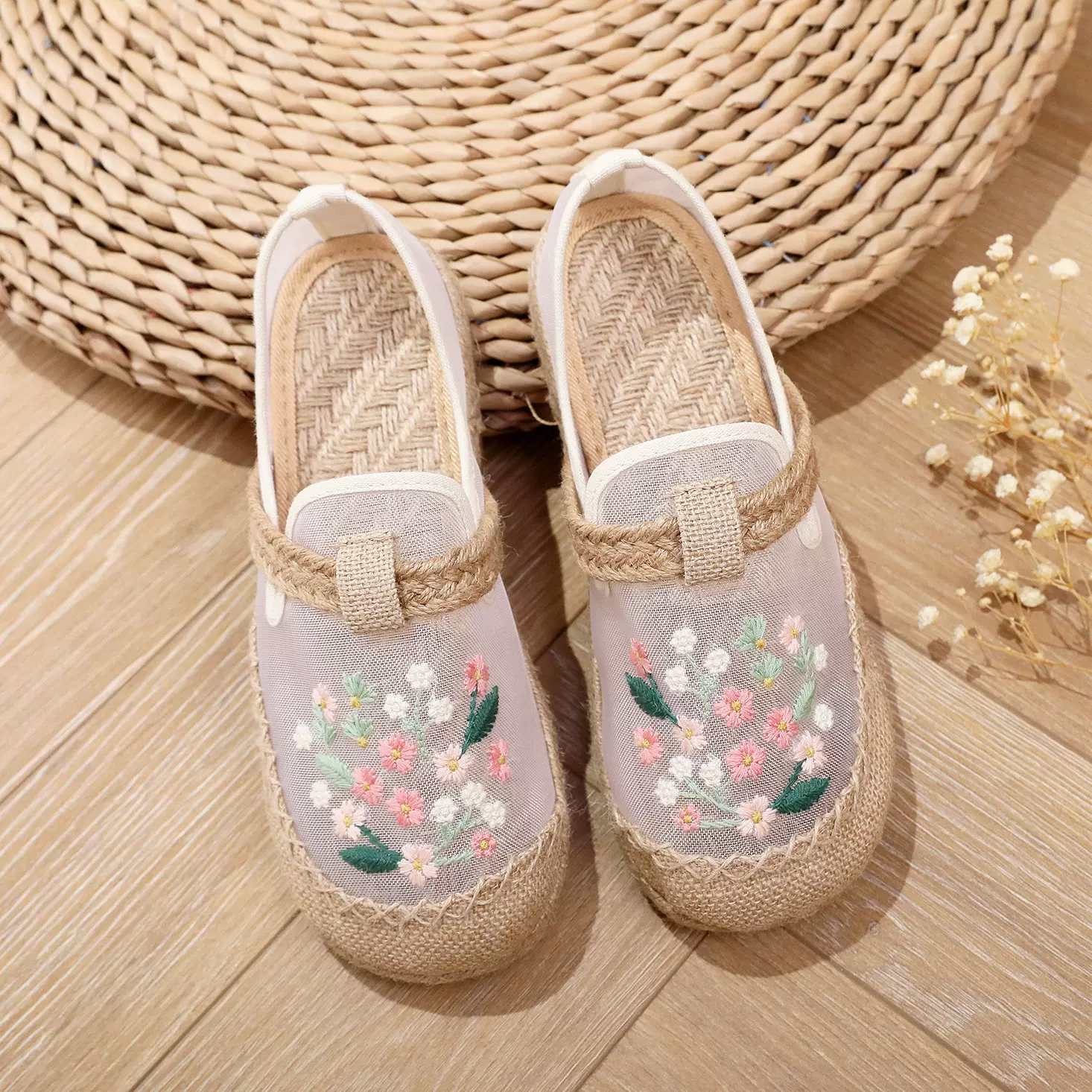夏季新款绣花拖鞋民族风老北京布鞋女古风汉服休闲透气欧根纱网鞋