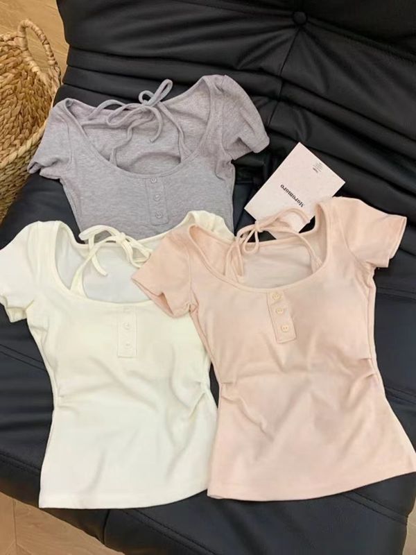 Pure Desire Gentle BM スタイル偽ツーピース半袖 T シャツ胸パッド付き女性の夏甘くてスパイシーなホルターネックレースアップスリムショートトップ|undefined