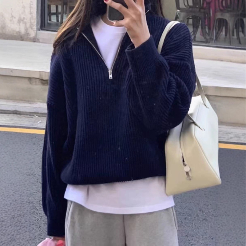 Korean Single! Thick and Heavy 0.5kg Plus! 2025 Autumn and Winter Style Stand-Up Collar Half-Zip Slim and Versatile Knitted Sweater