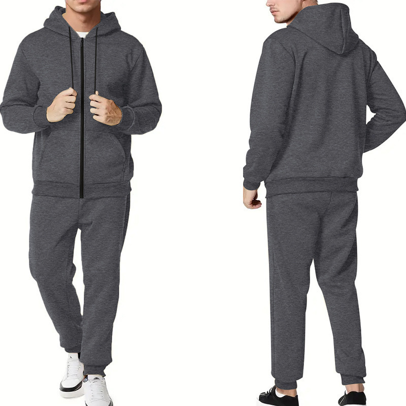 Transfronterizo Amazon nuevo chaqueta hombre otoño invierno pantalones casuales de dos piezas con cremallera encapuchada de color sólido Cardigan para hombres