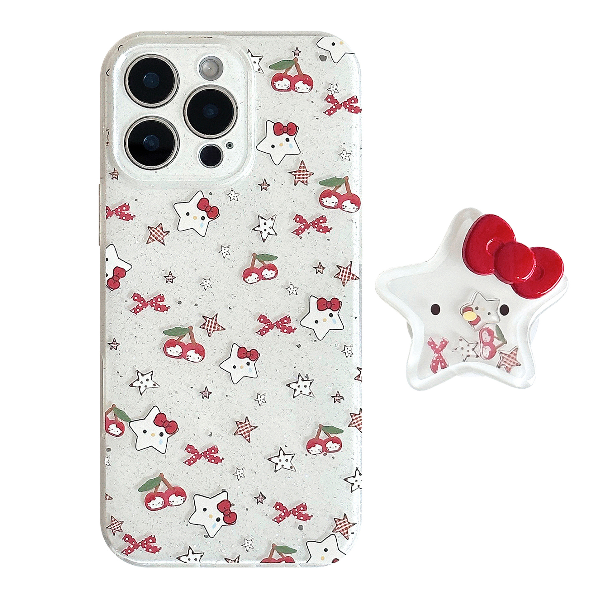 Funda brillante para iPhone 16, compatible con el teléfono Apple 13, diseño de gato cereza, con soporte para iPhone 15 Pro Max, colgante para iPhone 17