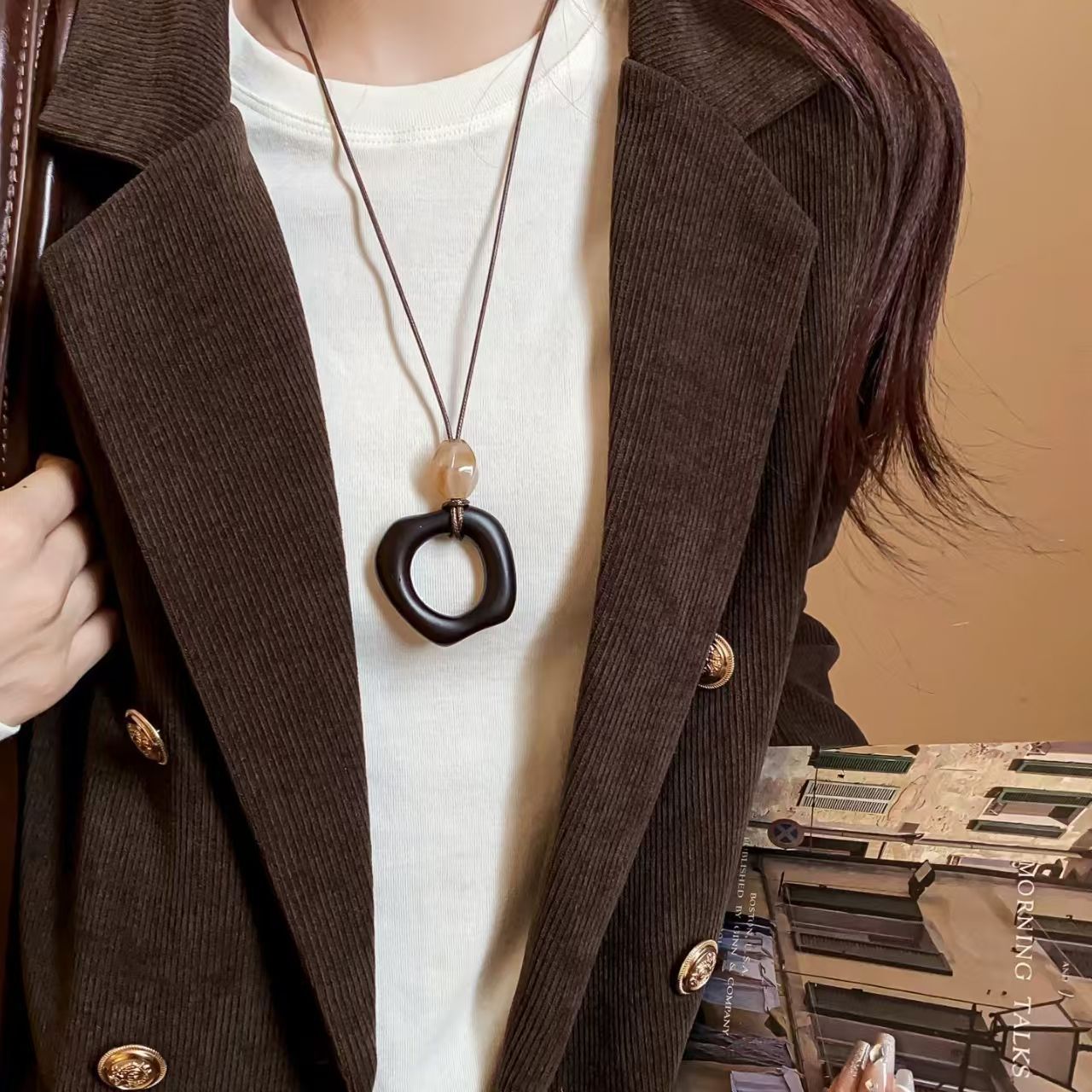 Retro Long Asymmetrical Ring Pendant Necklace Women's Ethnic Style Adjustable Halterneck Sweater Chain High-End Accessories