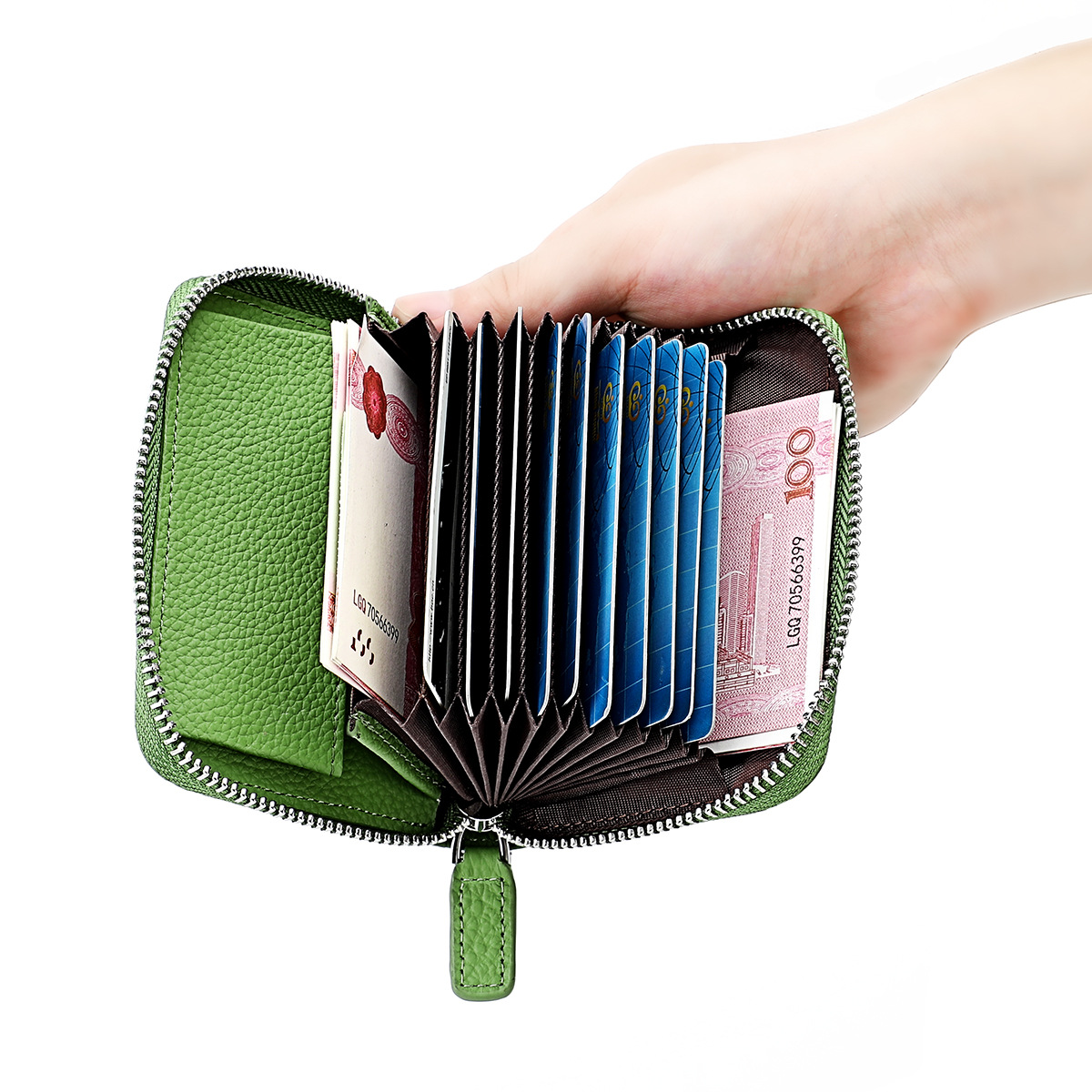 Amazon Japonés Cartera de cuero genuino MONEDERO órgano titular de la tarjeta RFID antirrobo cremallera monedero de la moneda de gran capacidad titular de la tarjeta