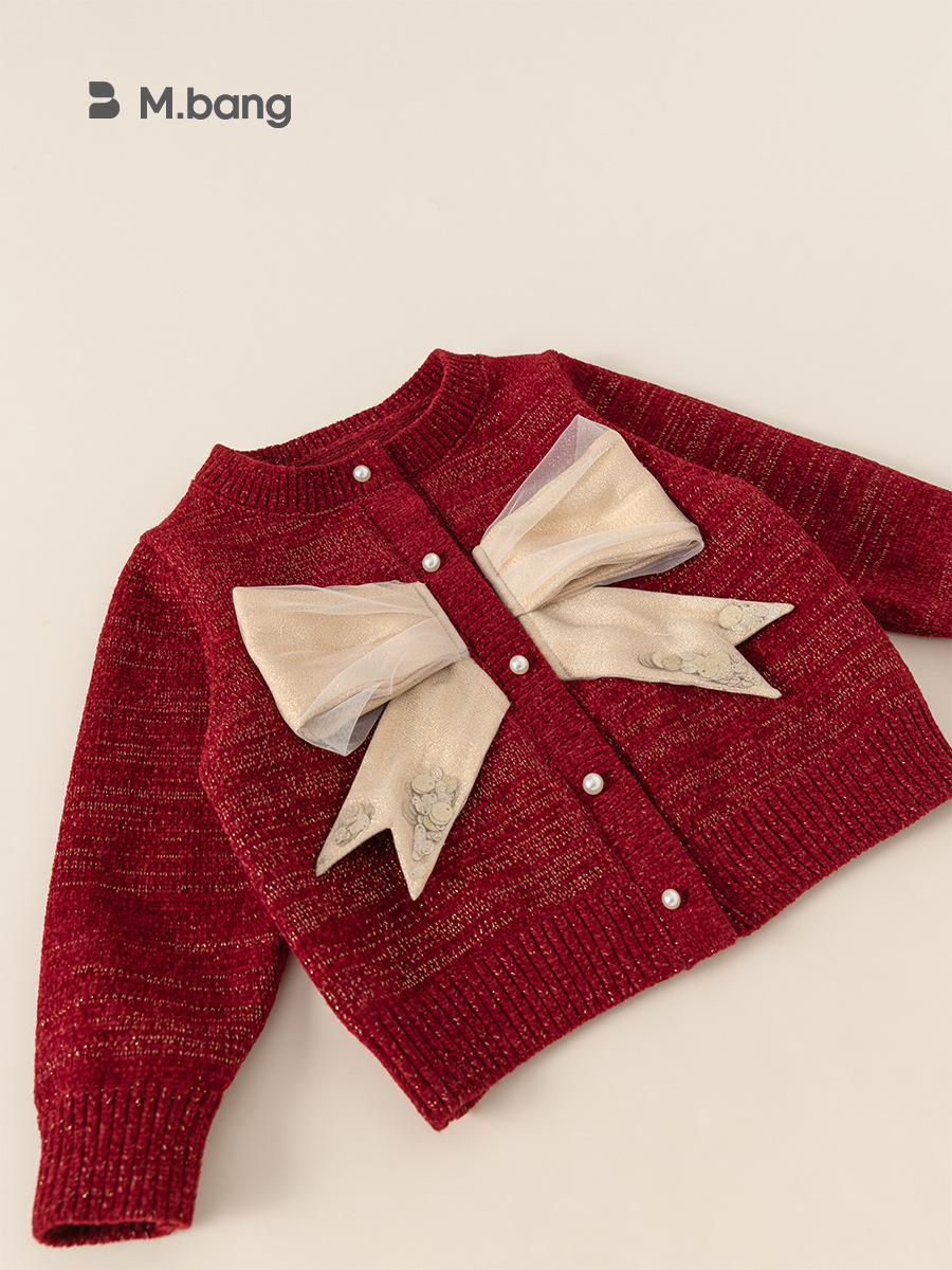 Yoobao ropa infantil de niñas suéter de arco cardigan otoño invierno rojo nuevo bebé ropa de Año Nuevo abrigo de punto