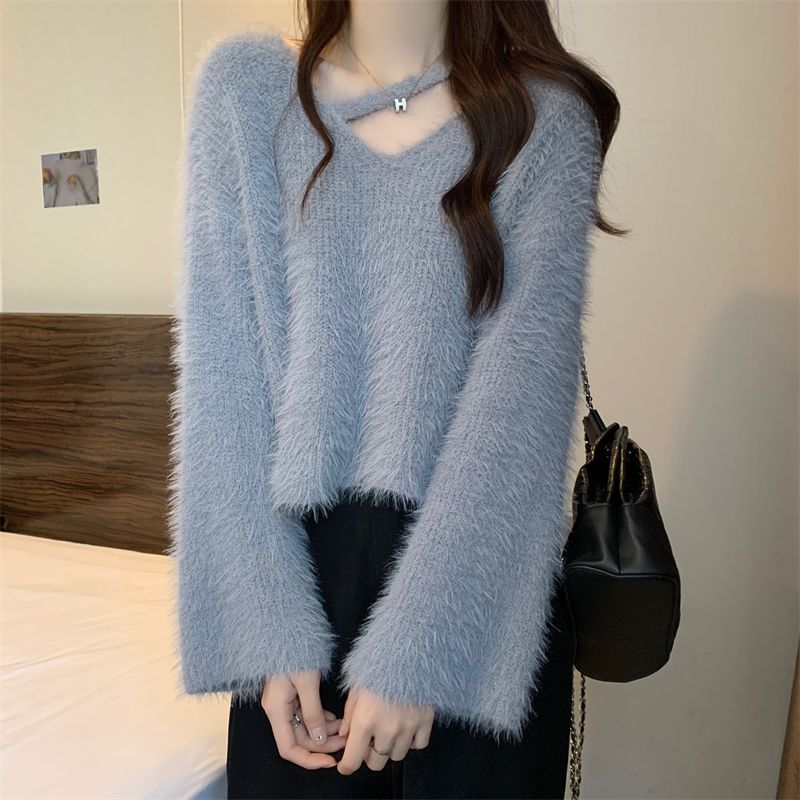 长袖仿水貂毛针织打底衫女秋冬慵懒风设计感软糯毛衣套头短款上衣