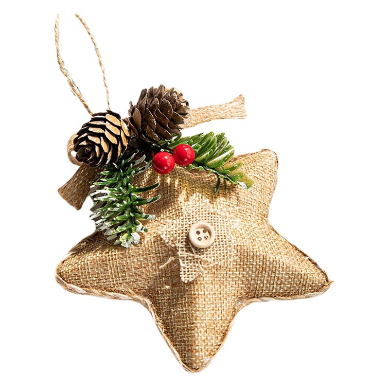 Nueva Navidad adornos de lino estrella de cinco puntas decoración pegajosa Pino cono aguja hoja DIY material decoraciones del árbol de Navidad colgante