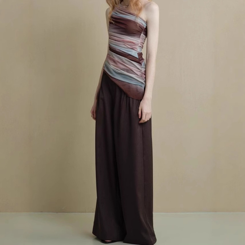 someone sometimes Soft Breathable Pocket Pleated Design Loose Wide Leg Pants Women Brown Casual Pants