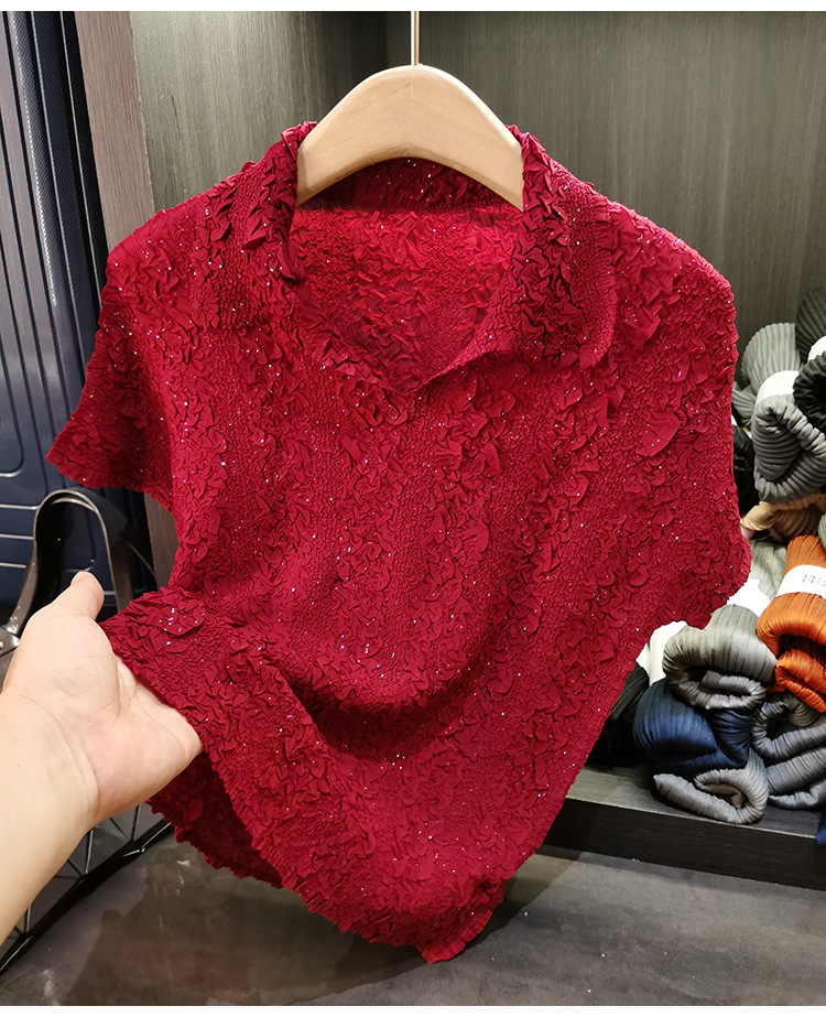 Áo thun cổ đứng xếp li tay ngắn phong cách Nhật Bản dáng suông — Màu tím nhạt, Màu hồng, Màu kaki, Màu đỏ chi tiết 17
