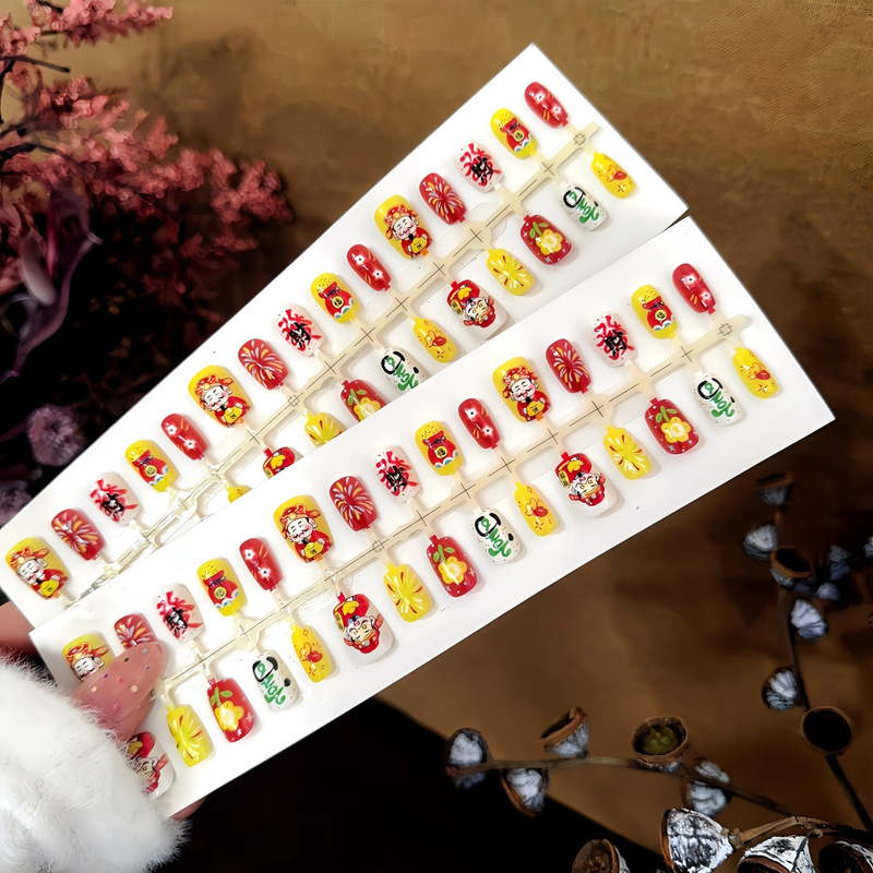 S469-Pre-Made Full-Length New Year Nails with a Festive Atmosphere, Detachable Nail Pieces with a God of Wealth Blessing and Fireworks Design