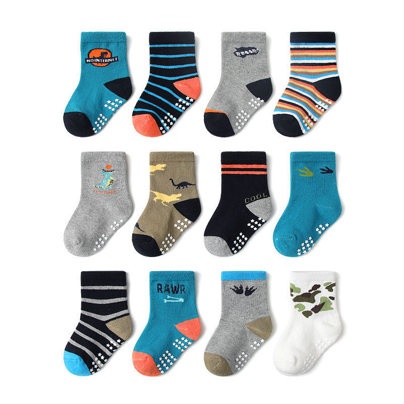 Combed Cotton Non-Slip Indoor Socks for Children and Babies with Cute Cartoon Prints, Mid-Calf Crew Socks