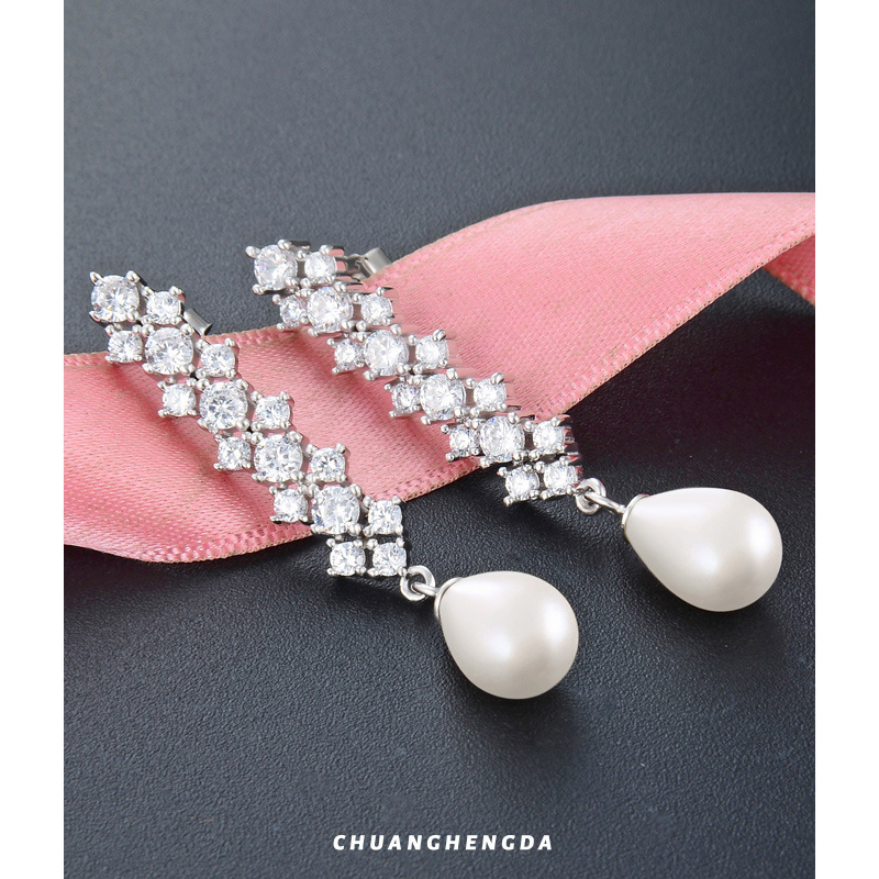 Temperamento coreano retro largos pendientes de zircón pendientes de perlas de plata esterlina S925 pendientes de perlas de diamante pendientes personales rojos