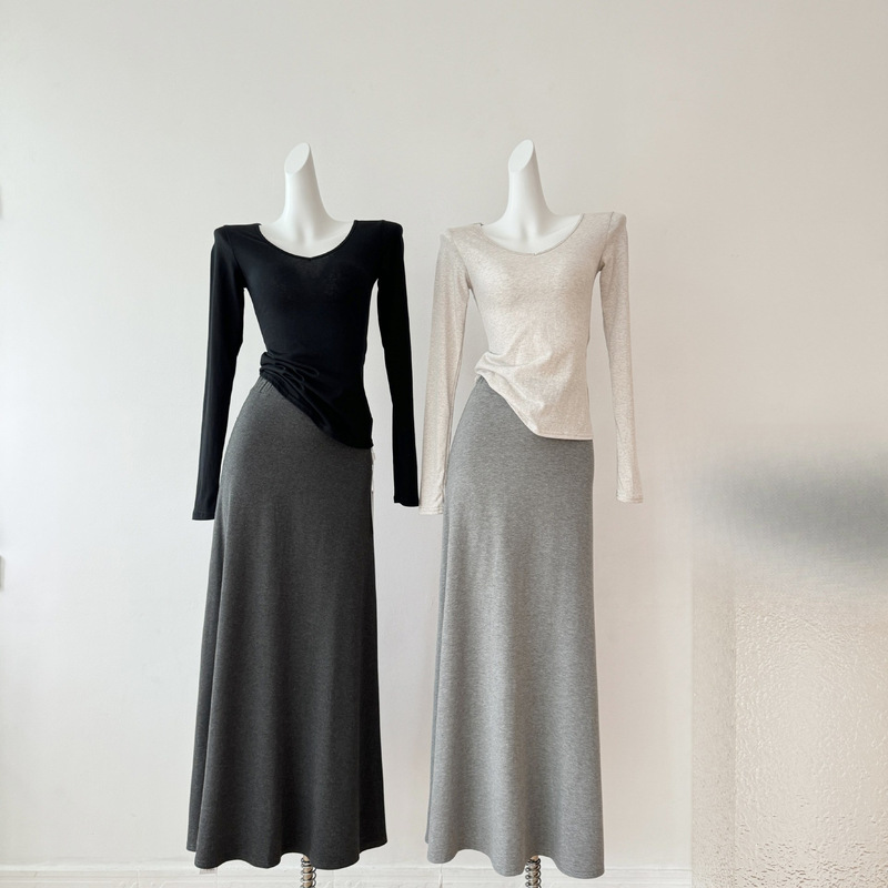 Cross-Border 2025 Women's Autumn and Winter Draped Brushed Loose Versatile Soft Casual Simple Gray A-Line Long Skirt