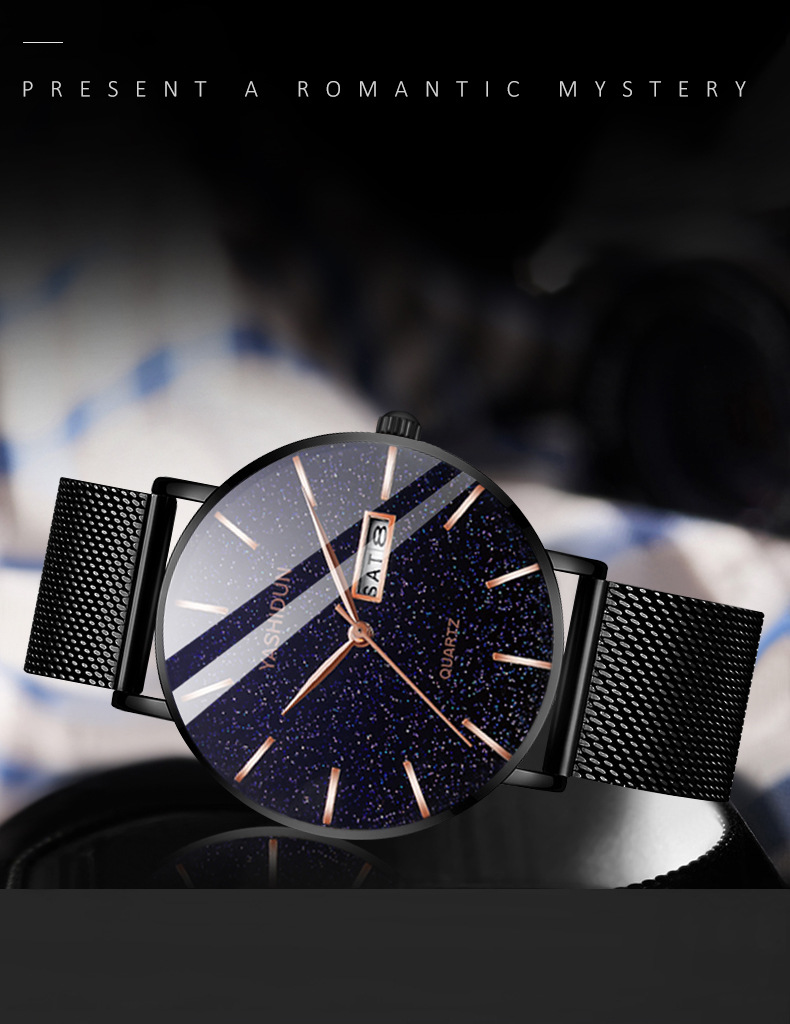 Men's quartz watch, waterproof, dual calendar, starry sky design