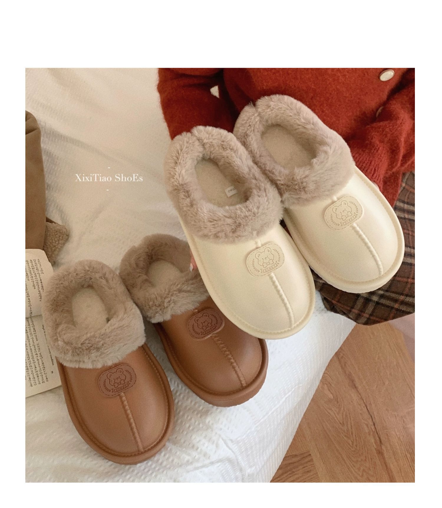 Korėjietiško stiliaus madingi drabužiai viduje ir lauke su pašiltinimu ir patogiomis medvilninėmis šlepetėmis, pliušiniu minkštu padu, paprasti_voghion.com