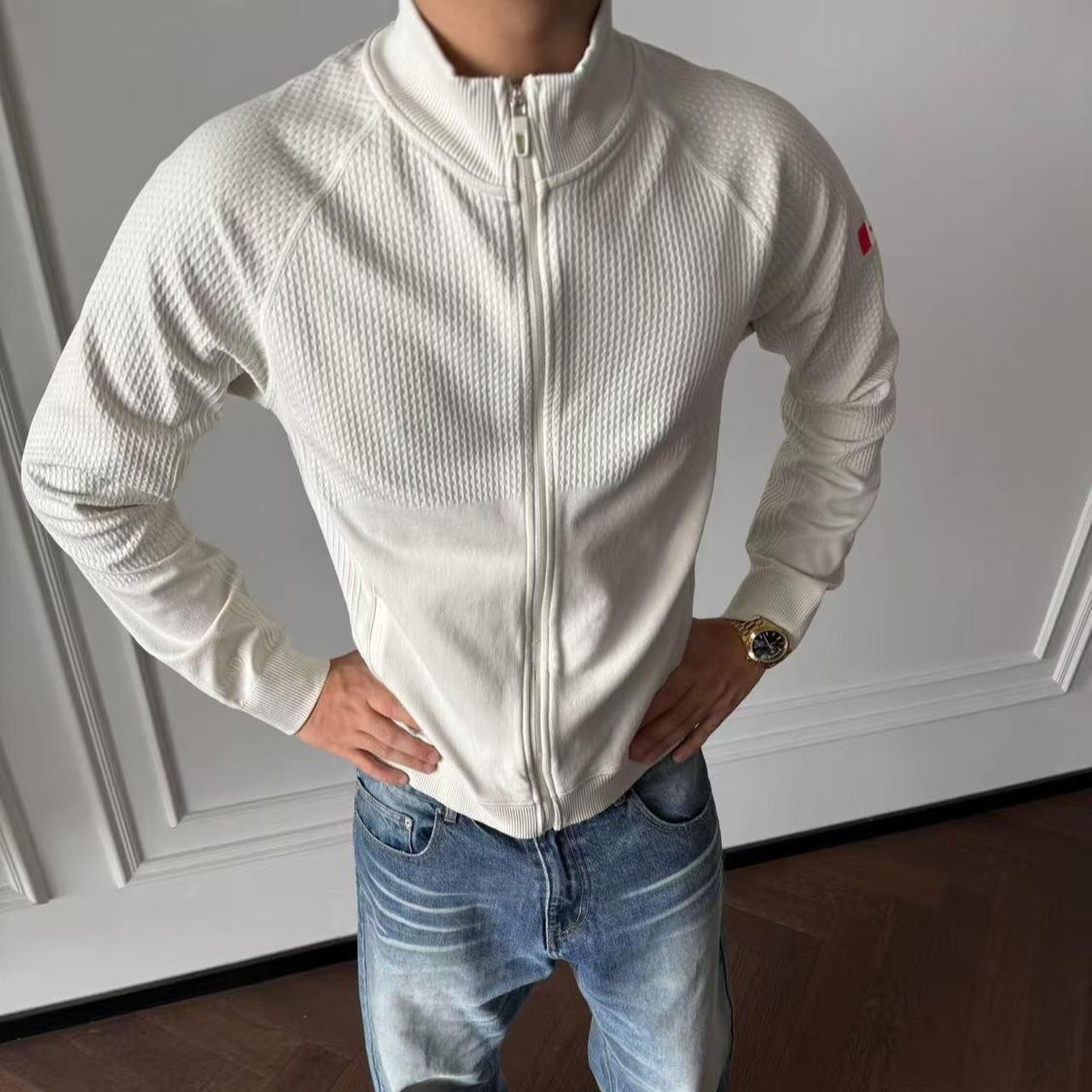Lu Same Style Canadian Limited Edition Zip-Up Jacquard Sweatshirt with Stand Collar, Seamless Fitness Sports Long-Sleeve Cardigan Jacket for Men