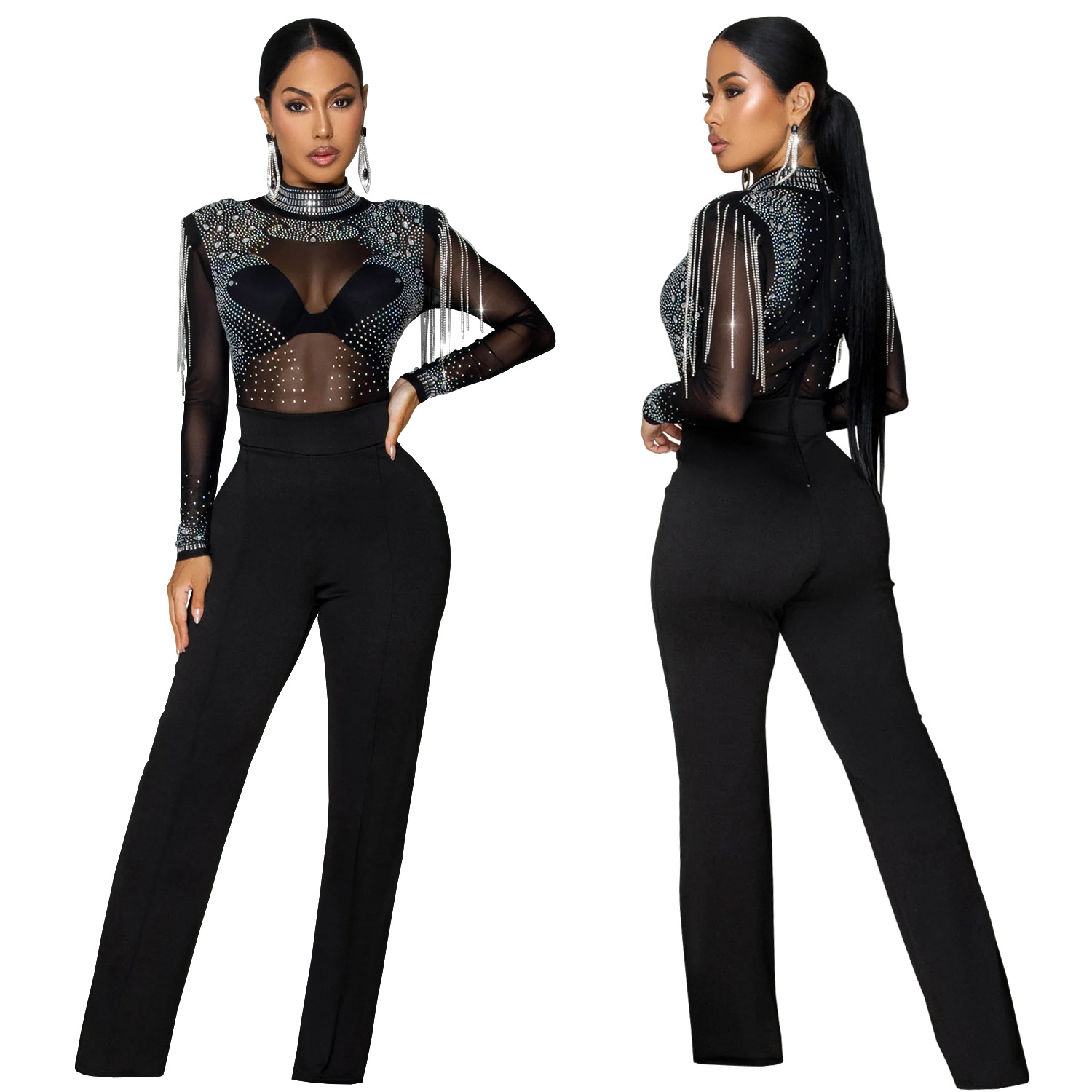 C7579 Aliexpress transfronterizo Amazon Europa y América de moda femenina perspectiva sexy malla de diamante de manga larga junk image 6