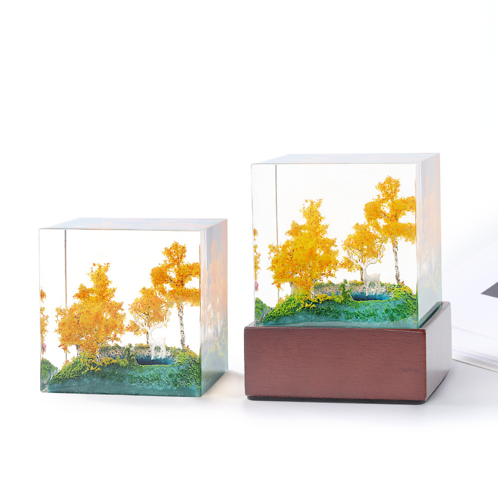 New Autumn Micro Landscape Fawn Glue Drops Handmade Cube Ornaments Office Bedroom Desktop Decoration Gift