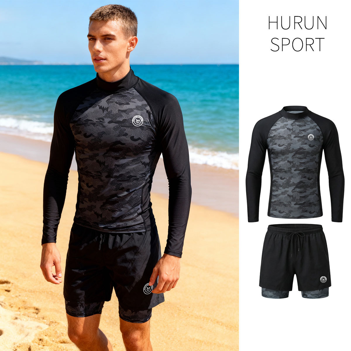Men's Quick-Dry Wetsuit, Surfing and Snorkeling Long-Sleeve Swimsuit, Two-Piece Camouflage Double-Layer Swim Trunks Set