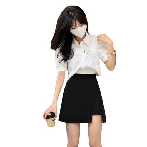 Plus-size women's black split half-body skirt for spring and autumn, cross-covering, slimming high-waisted A-line short skirt, gray suit pants