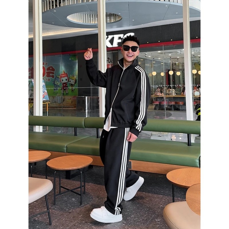 秋季新款美式撞色三条杠运动男卫衣休闲立领外套裤子潮流时尚套装|undefined
