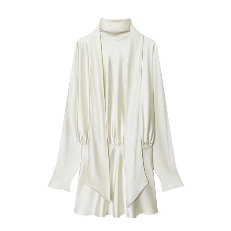 Wholesale 2025 Autumn New European and American Style Women's Long-Sleeved Silk Satin Texture Scarf Decorated Short Dress