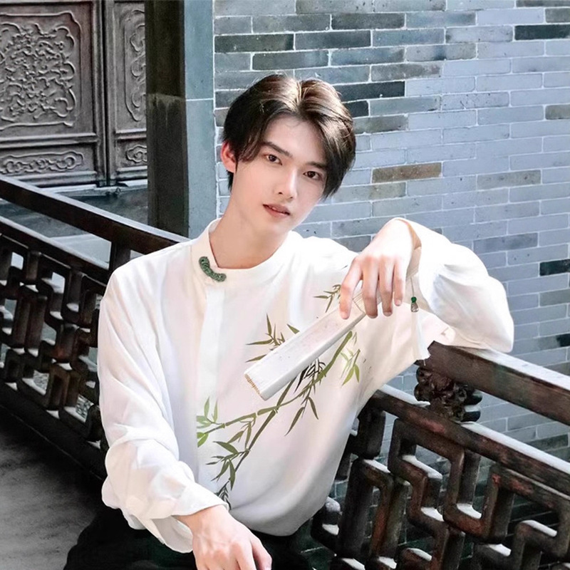 2025 Autumn New Chinese Style Floral Stand Collar Shirt Men's Loose Long Sleeve Polyester Fiber No-Iron Youth Men's