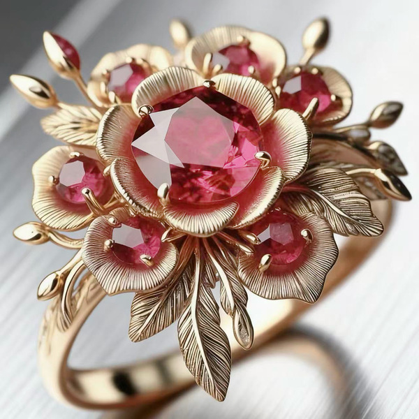 Sanjie 2026 new exaggerated golden pink diamond flower ring