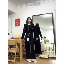 潮流深色条纹拼接卷边直筒牛仔裤女春季宽松显瘦百搭阔腿裤