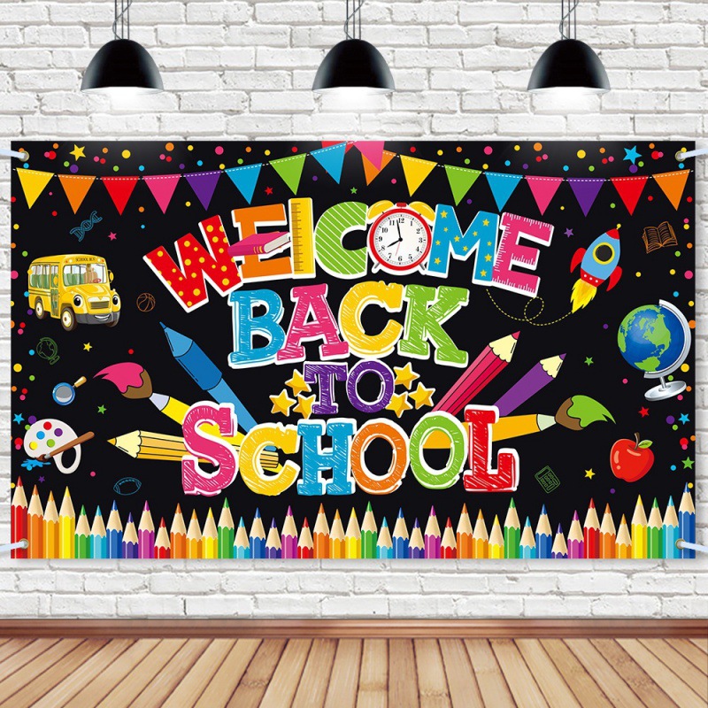 Nuevo fondo de decoración de regreso al campus, decoración de la temporada escolar de apertura, diseño de atmósfera, aula de pancartas, decoración colgante, fondo de tela
